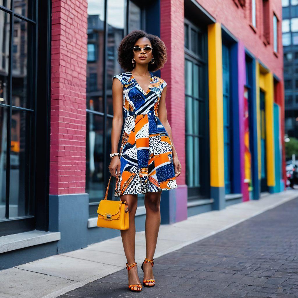 A chic and stylish short woman confidently showcasing a trendy outfit, standing against a fashionable urban backdrop. Surround her with vibrant clothing items and accessories that highlight the latest trends, emphasizing patterns and textures that flatter shorter frames. Include cues of empowerment and elegance with fashionable shoes and lively colors. The scene should evoke a sense of modernity and fun. super-realistic. vibrant colors. urban background.