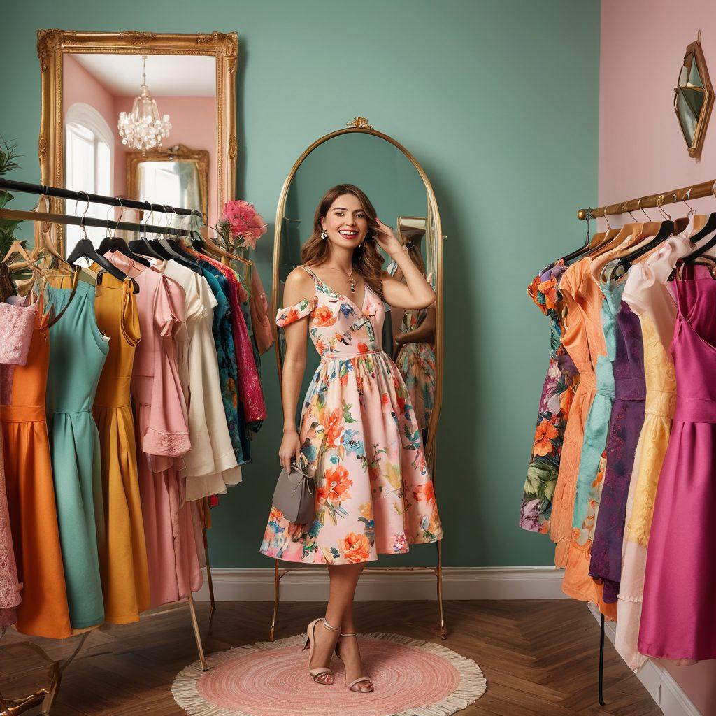 A stylish interior filled with chic outfits hanging on a vintage clothing rack, showcasing a variety of trendy pieces for petite women. In the foreground, a fashionable small woman is trying on a vibrant dress while surrounded by colorful accessories and a full-length mirror reflecting her outfit. The setting is bright and inviting with soft pastels and warm light, emphasizing a sense of sophistication and style. super-realistic. vibrant colors. 3D.